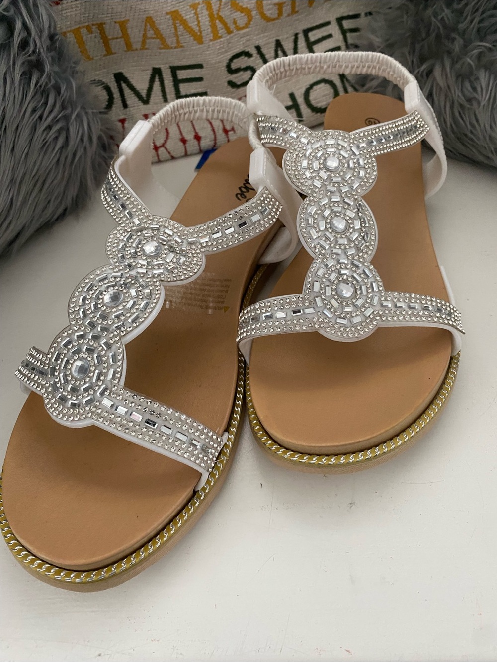 Women's White Beaded T-Strap Sandals with Elastic Back